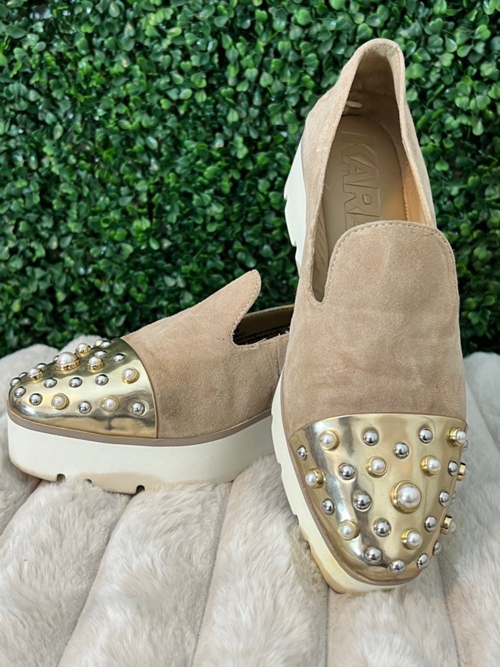 Karl Lagerfeld Paris Brinlee Suede Studded Platform Loafers - Pearl Cap Toe